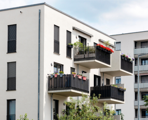 Modern Facade Building with Modern Balconies of Multifamily Apartment Buildings