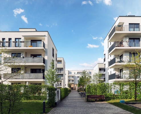 Cityscape of a residential area with modern apartment buildings