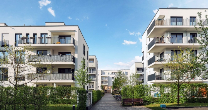 Cityscape of a residential area with modern apartment buildings